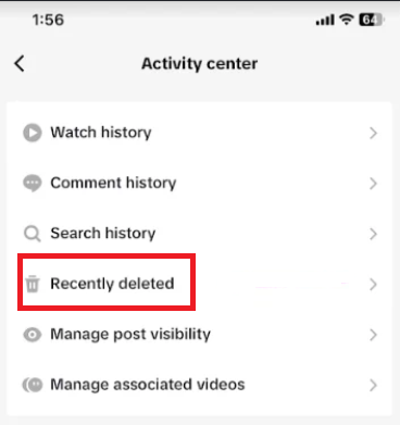 مركز النشاط في TikTok يفتح Recently deleted لاستعادة منشور خاص محذوف.