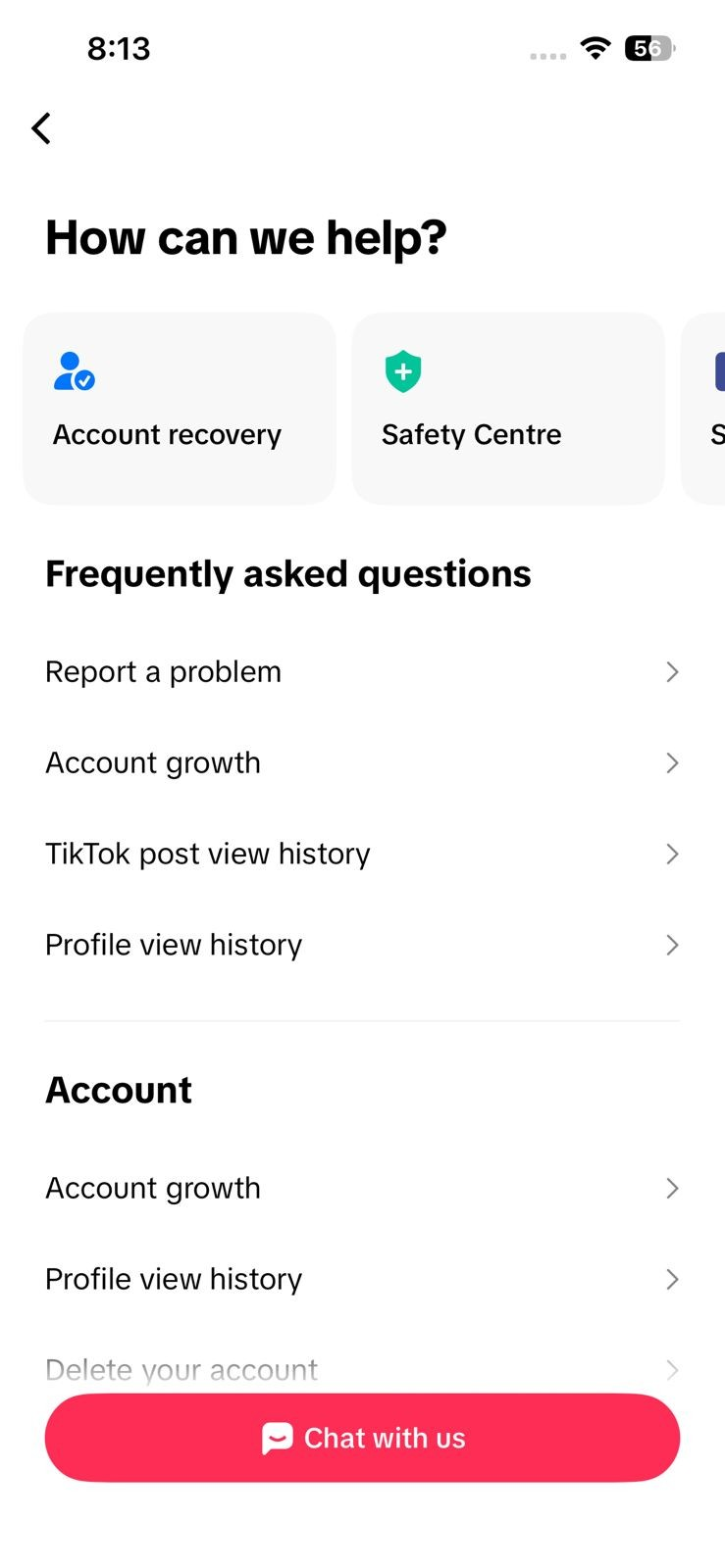تدفق الإبلاغ عن مشكلة في TikTok مفتوحًا على موضوع مراسلة أو خيار دعم الدردشة معنا.