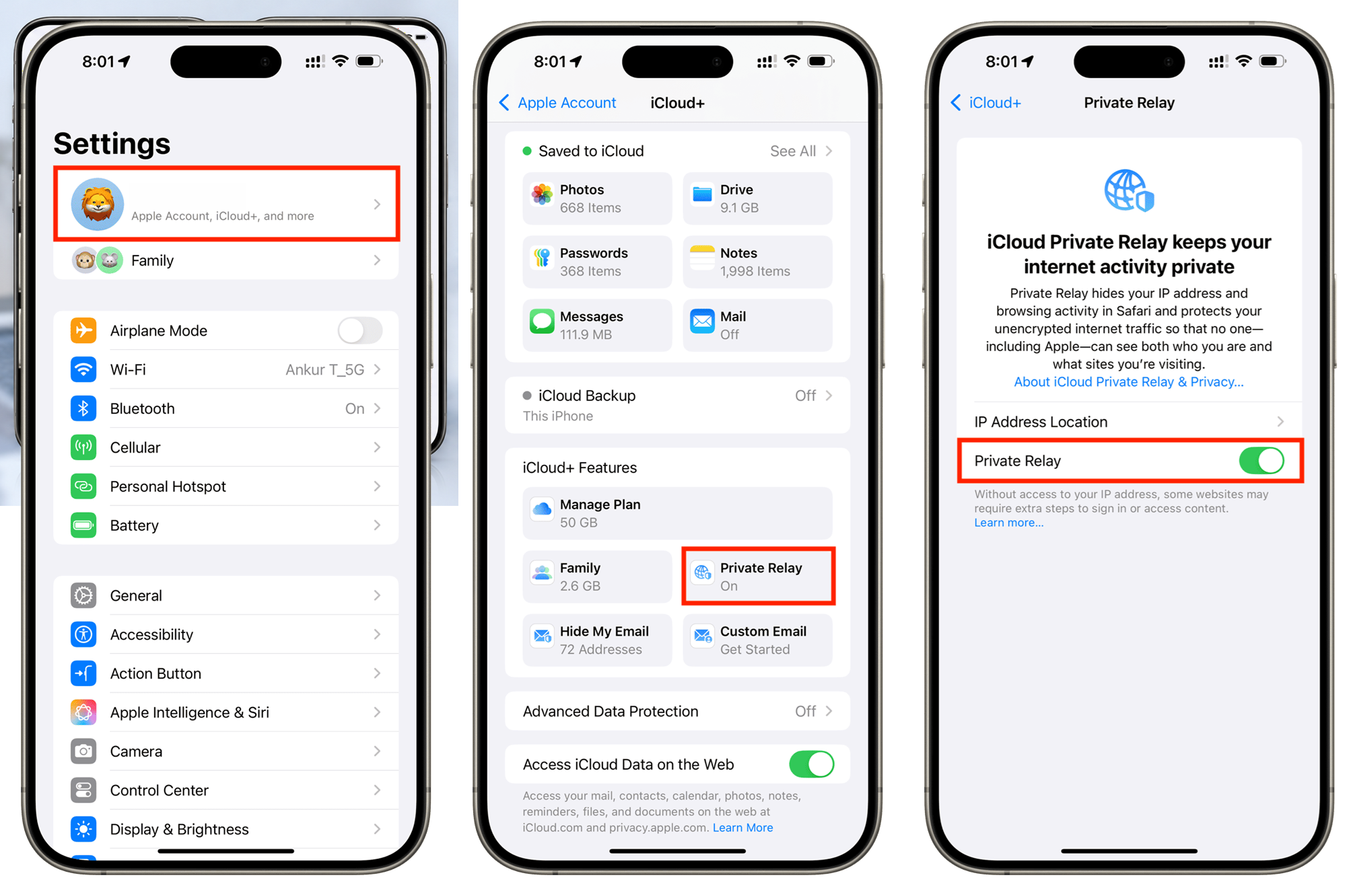 إعدادات iCloud على iPhone لتبديل Private Relay وإعادة تشغيله.