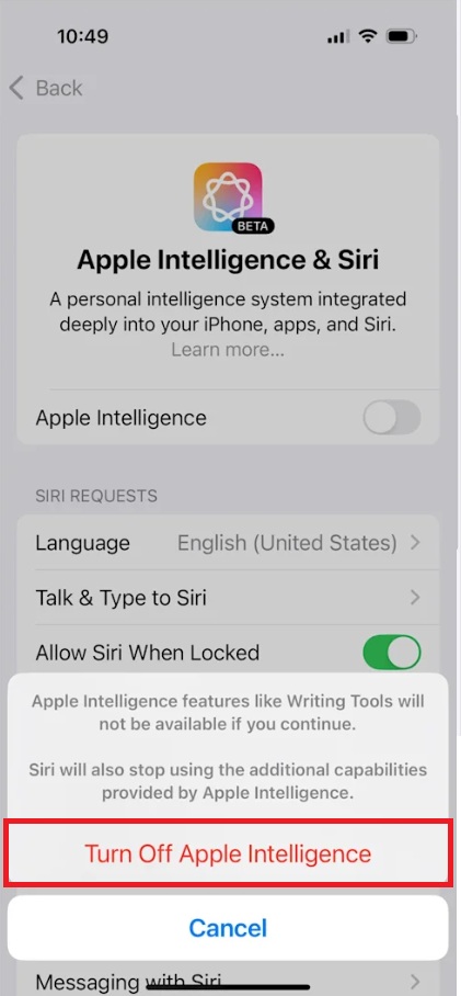 مفتاح Apple Intelligence يتم إيقاف تشغيله في إعدادات iPhone.