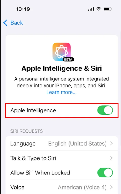 مفتاح Apple Intelligence يتم إيقاف تشغيله ثم إعادة تشغيله في إعدادات iPhone لفرض إعادة تنزيل نظيفة للنماذج.