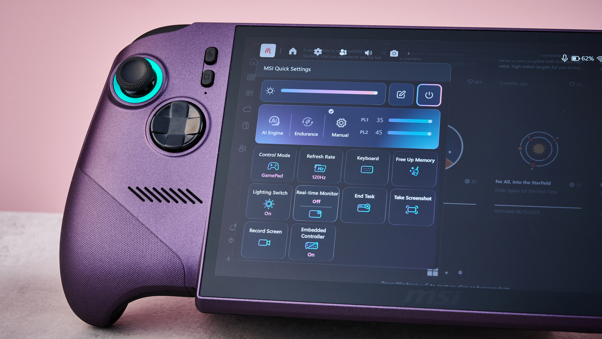 لقطة مقربة لجهاز MSI Claw 8 EX AI+، تظهر عصا التحكم اليسرى، لوحة الاتجاهات (D-pad)، زر العرض (View button)، وزر الإعدادات السريعة (Quick Setting button)، وقائمة إعدادات MSI السريعة على الشاشة.