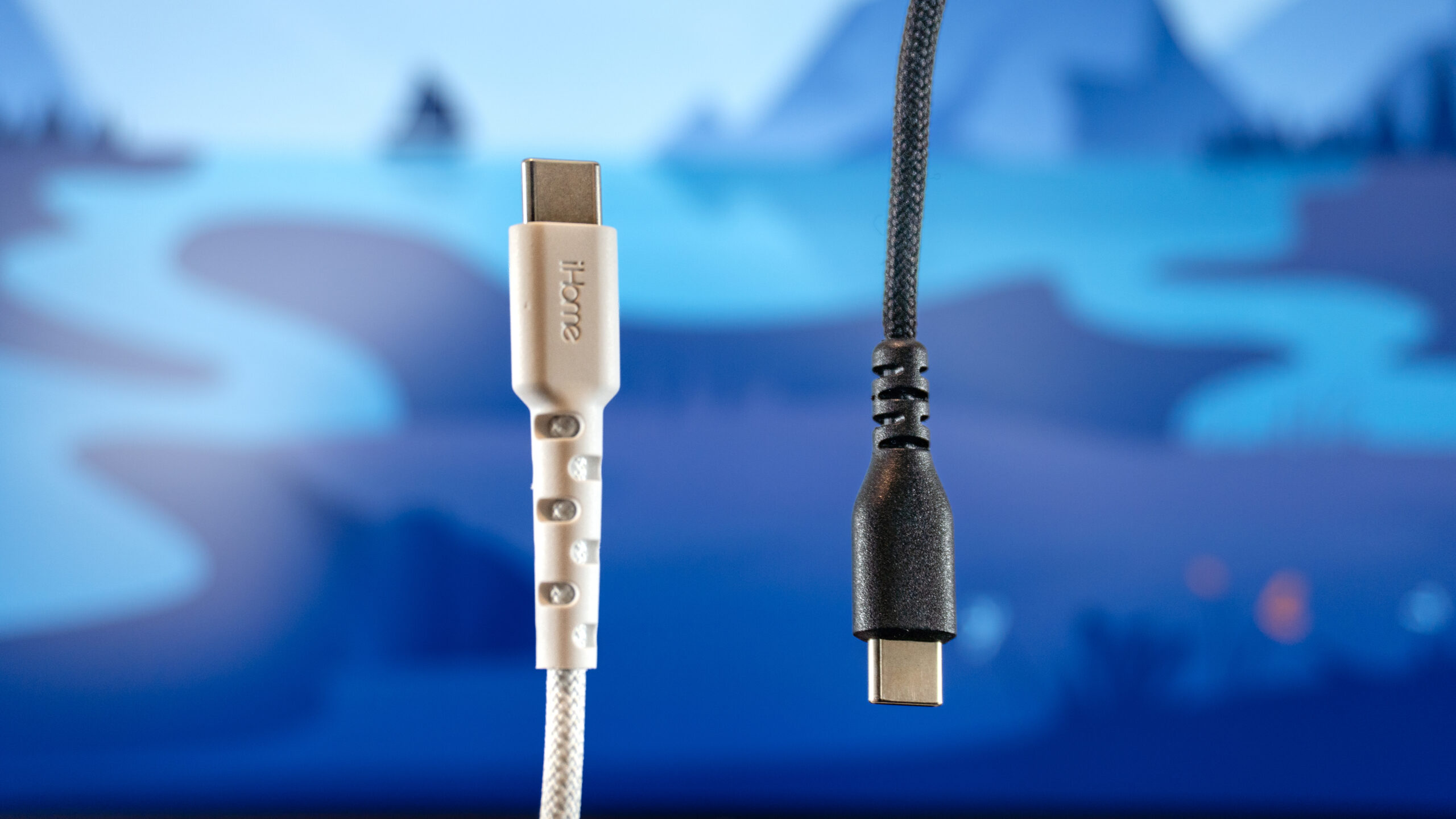 كابلا USB-C مضفران بجانب بعضهما مع شاشة في الخلفية