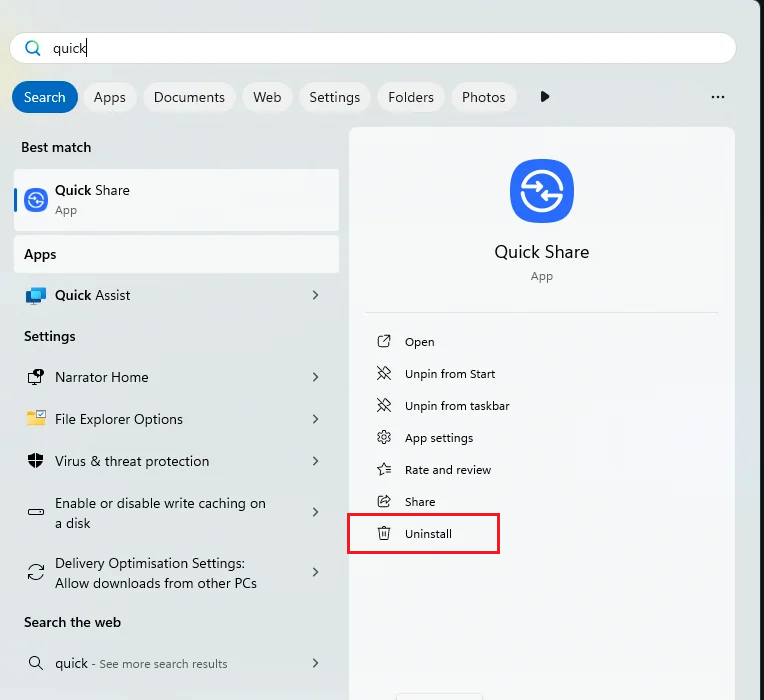Windows يقوم بإلغاء تثبيت وإعادة تثبيت تطبيق Quick Share لإصلاح أعطال Nearby Share.