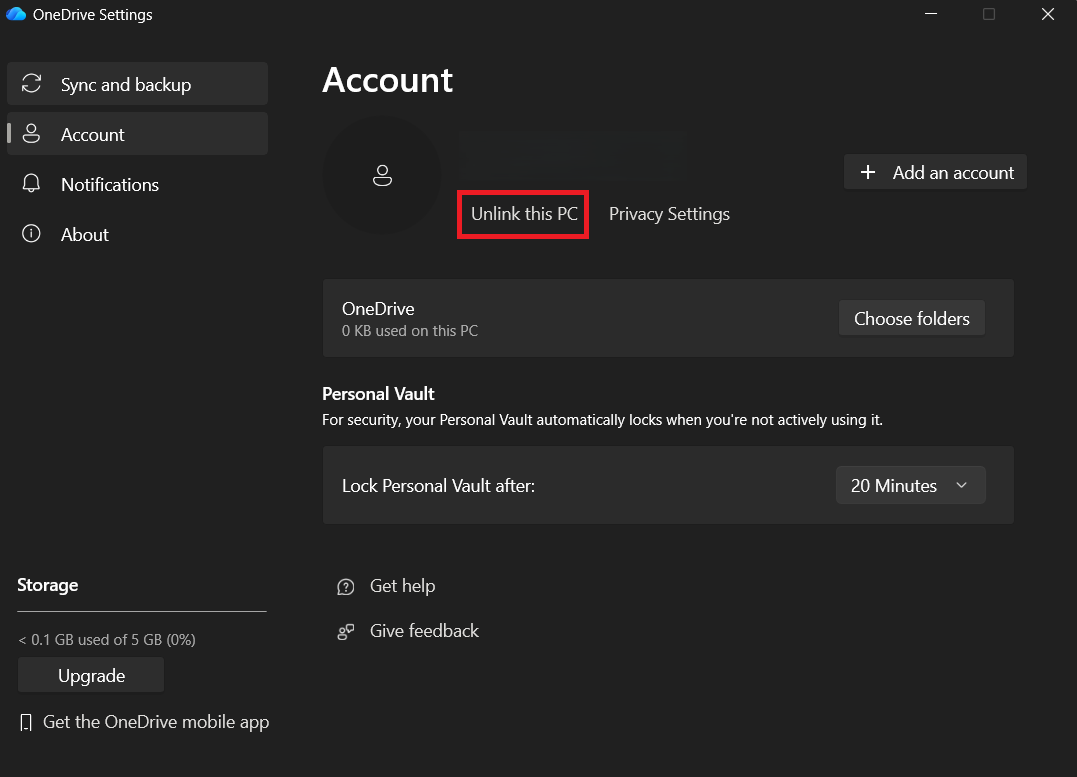 إعدادات حساب OneDrive على Windows تُظهر خيار Unlink this PC قبل تسجيل الدخول مرة أخرى لإعادة بناء المزامنة.