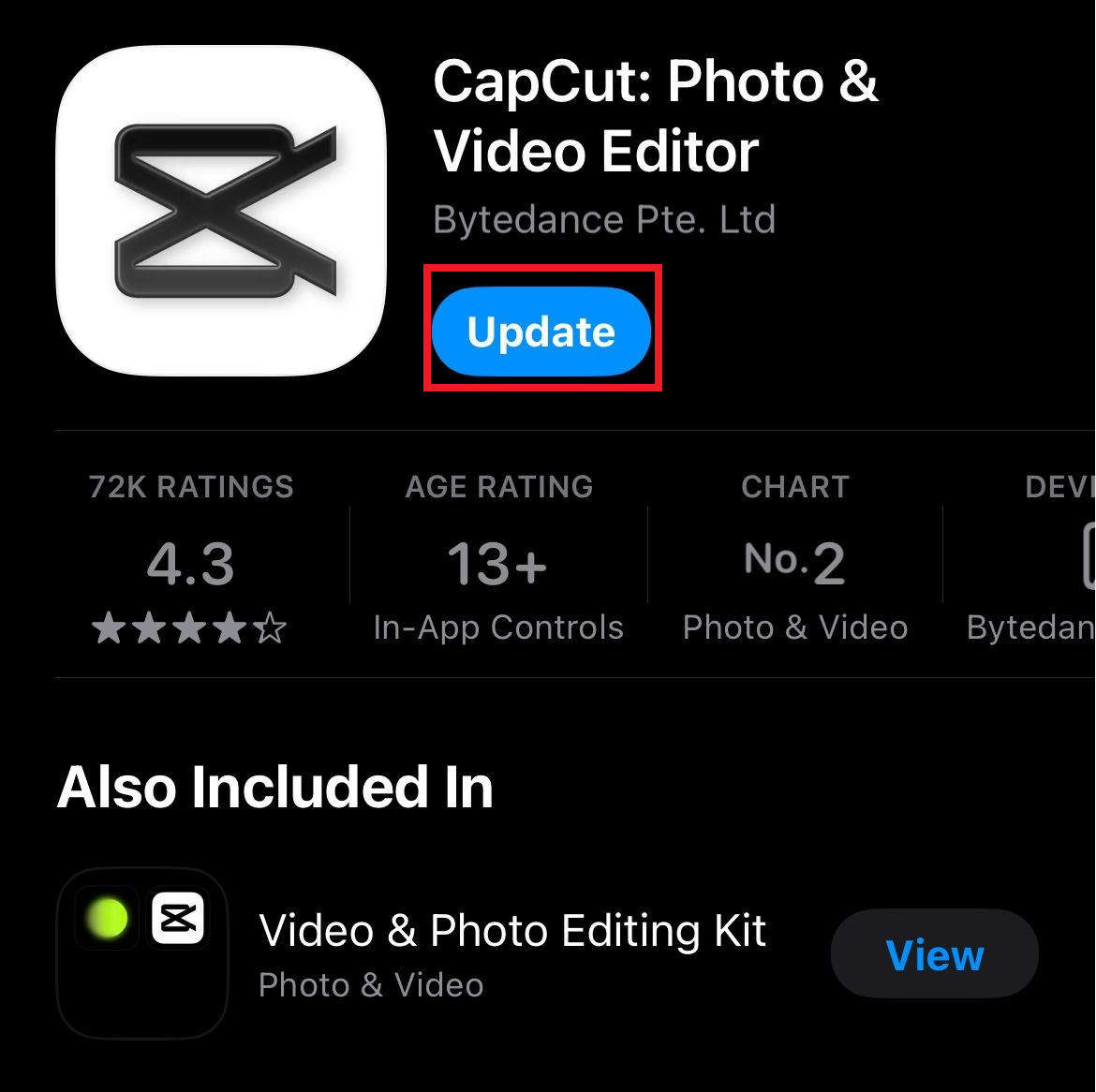 متجر App Store O متجر Google Play Store يعرض تحديثًا لتطبيق CapCut بينما علامة تبويب Templates مفقودة.