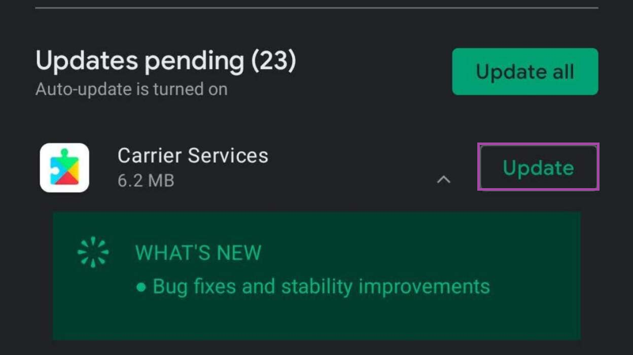 تحديثات Play Store لتطبيقات Google Messages وCarrier Services، مع التحقق من Google Play services أيضًا.