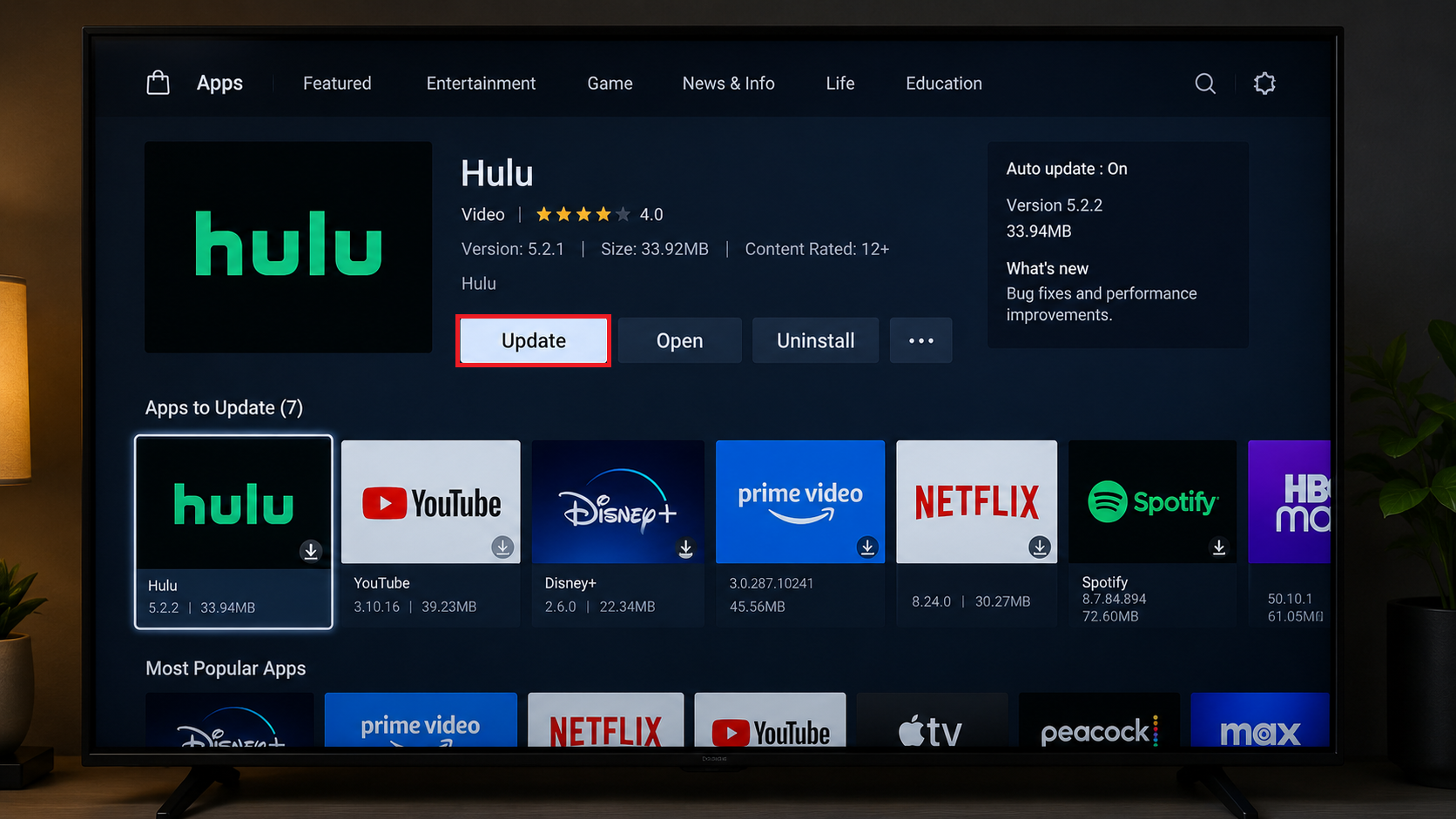 متجر تطبيقات التلفزيون الذكي يتحقق من وجود تحديث لتطبيق Hulu.