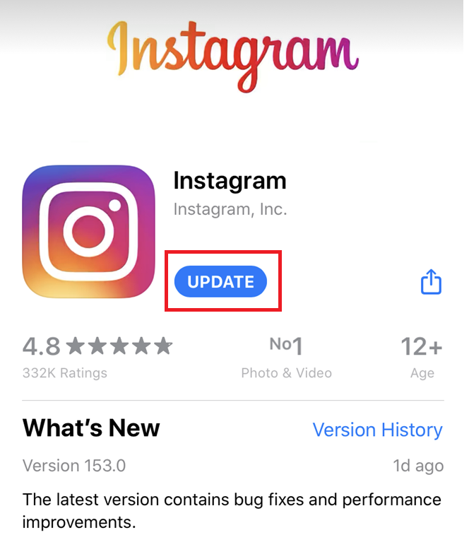 متجر التطبيقات أو متجر Google Play يظهر تحديثًا لتطبيق Instagram أثناء استكشاف مشكلة عدم وجود الموسيقى في الملاحظات.