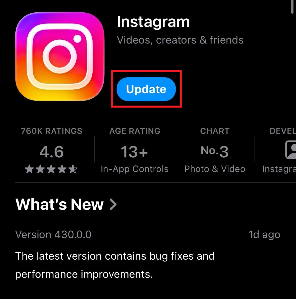 متجر التطبيقات (App Store) أو متجر جوجل بلاي (Google Play Store) يعرض تحديثًا لتطبيق Instagram بينما خيار أغنية الملف الشخصي مفقود.