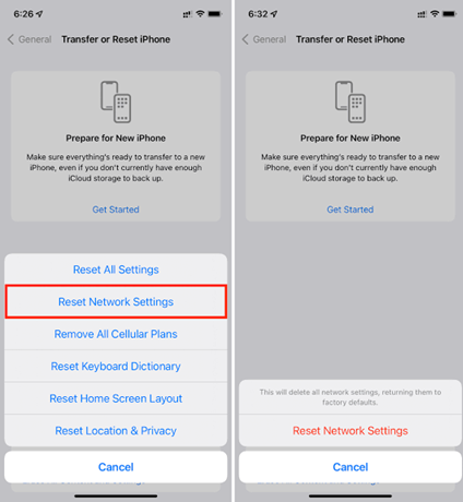 شاشات تحديث برامج iPhone وإعادة تعيين إعدادات الشبكة المستخدمة لإصلاح مشكلة عدم توفر Private Relay.