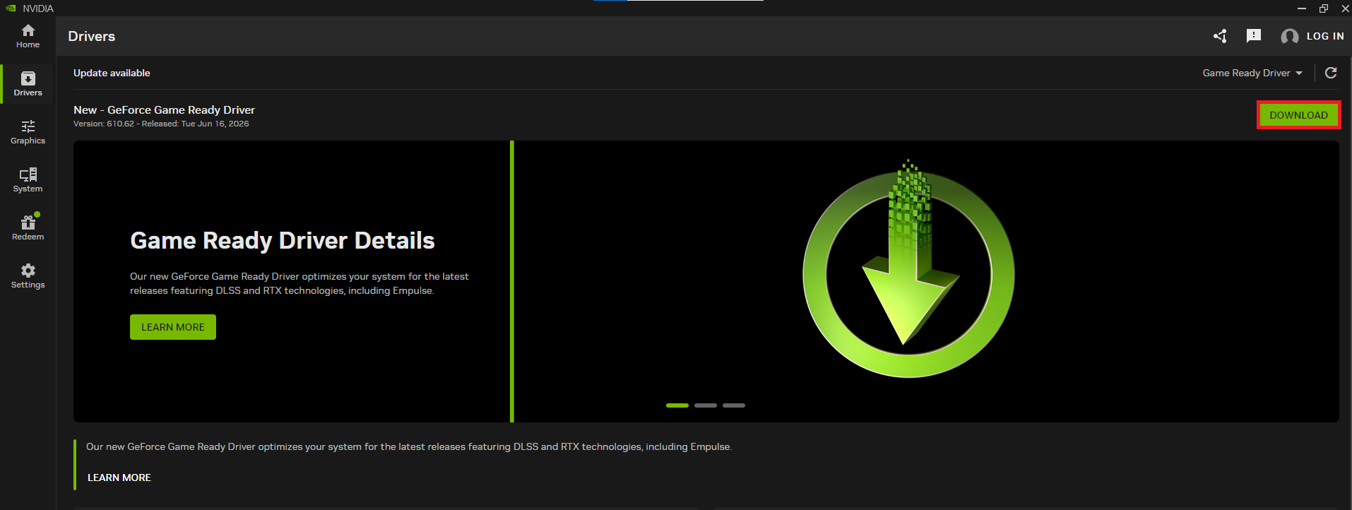 صفحة تنزيل تطبيق NVIDIA وصفحة برنامج تشغيل Game Ready المستخدمة لتحديث مكدس الالتقاط.