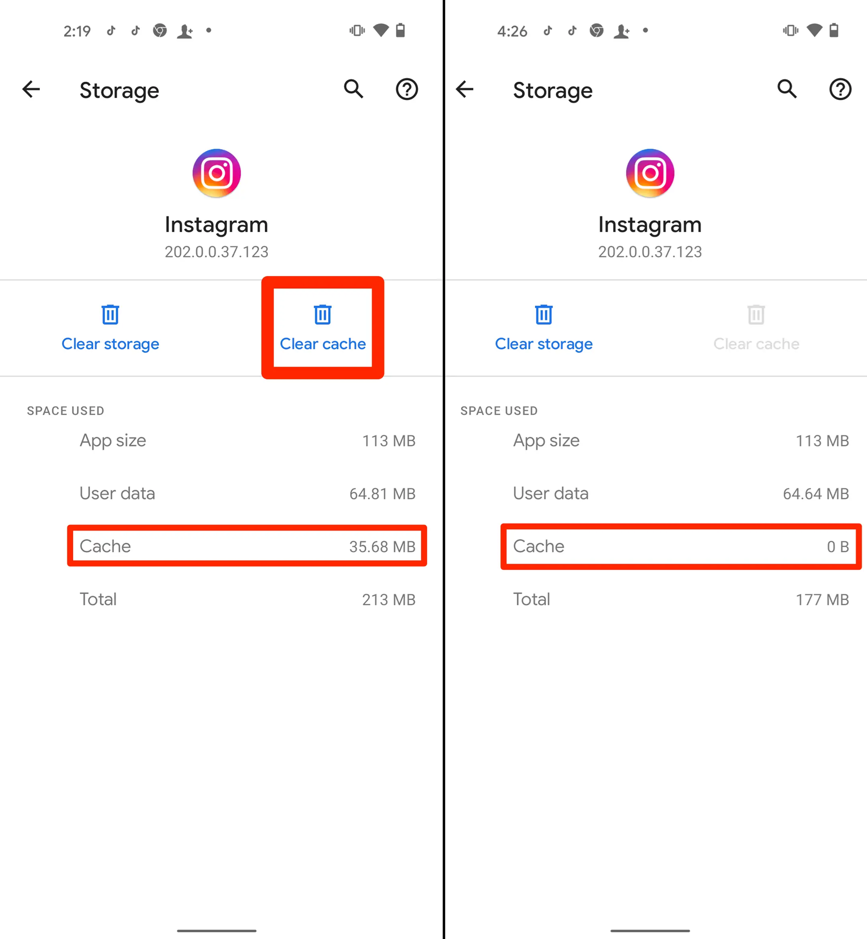 شاشة تحديث Instagram وإعدادات ذاكرة التخزين المؤقت لتطبيق Instagram على Android المستخدمة لإصلاح أخطاء الرسائل.