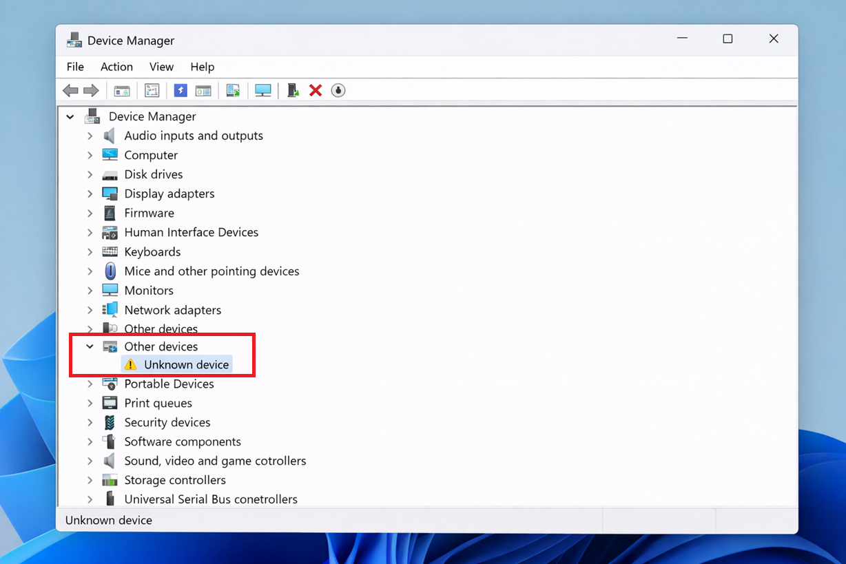 محول Bluetooth USB متصل بجهاز كمبيوتر يعمل بنظام Windows 11 يفتقر إلى راديو Bluetooth داخلي عامل.