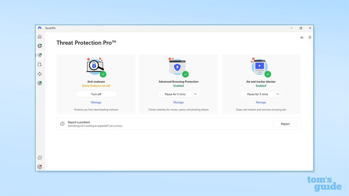 علامة تبويب Threat Protection Pro من NordVPN على تطبيق Windows الخاص به. تظهر ثلاثة أيقونات تُشير إلى: "Anti-malware. بعض الميزات غير نشطة" مع زر "turn off" أسفلها، و"<a href=