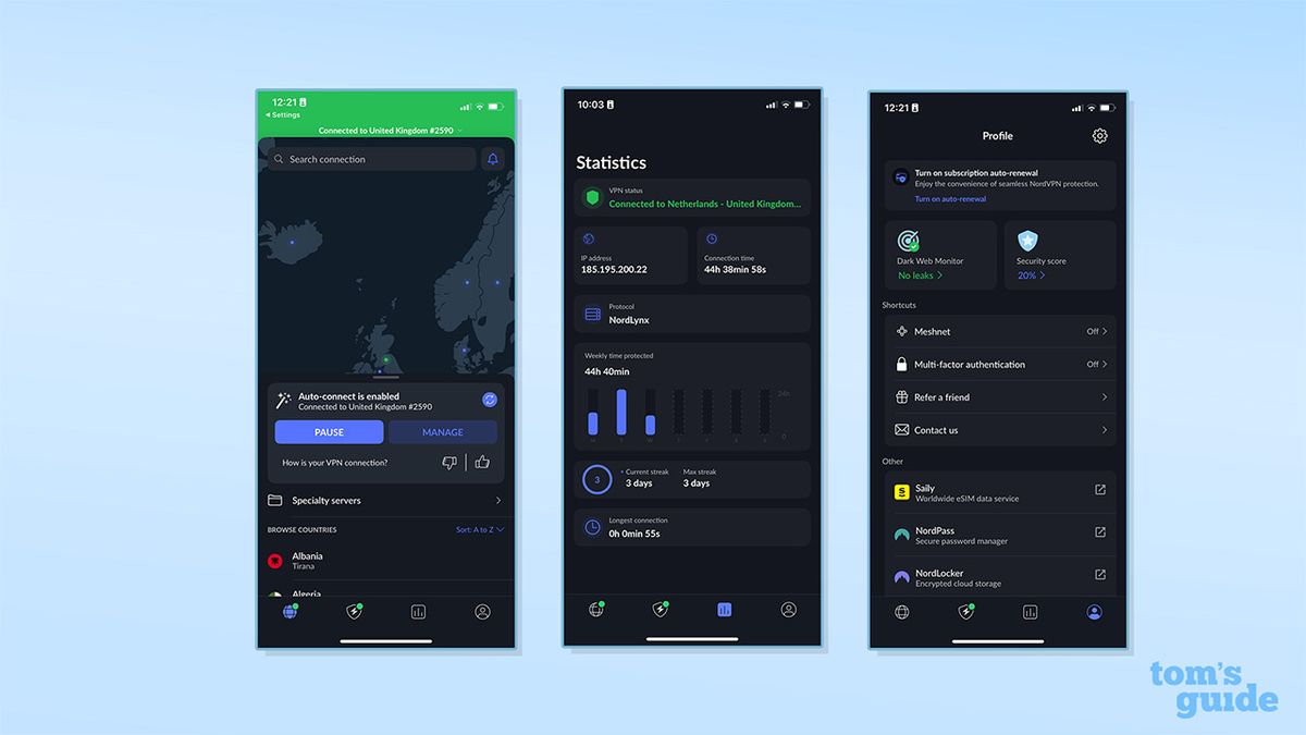 ثلاث لقطات شاشة لتطبيق NordVPN على iOS بخلفية زرقاء. تعرض اللقطة الأولى التطبيق متصلاً بخادم في المملكة المتحدة (UK). تعرض اللقطة الثانية علامة التبويب 'statistics'، والثالثة علامة التبويب 'profile'.