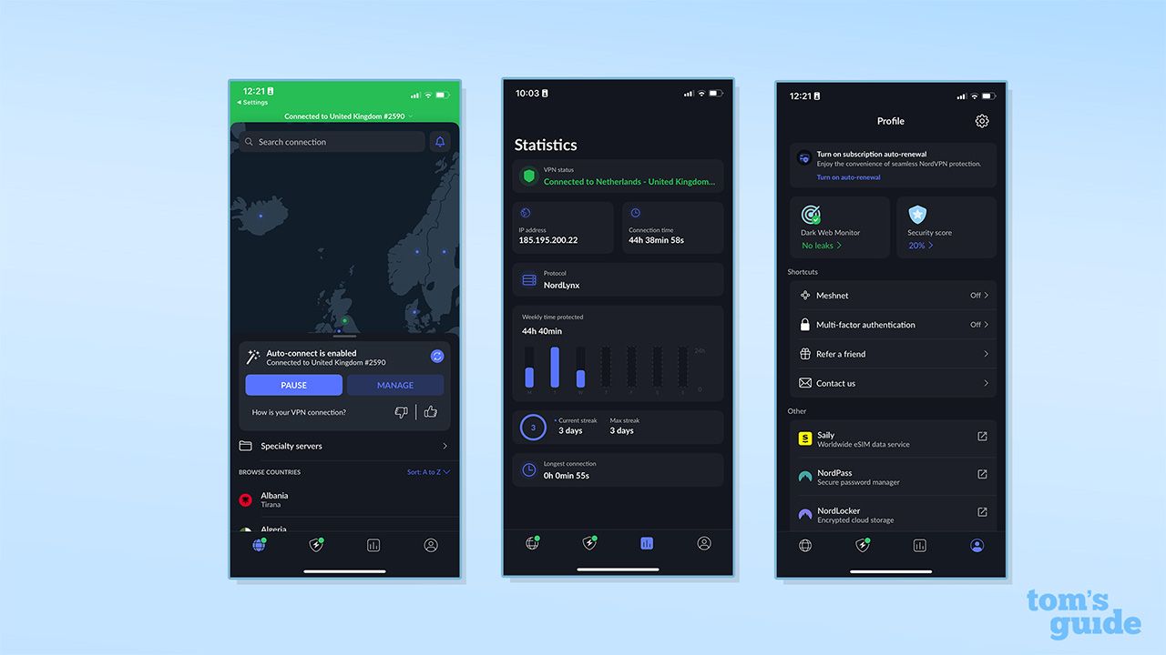 ثلاث لقطات شاشة لتطبيق NordVPN على iOS بخلفية زرقاء. تعرض اللقطة الأولى التطبيق متصلاً بخادم في المملكة المتحدة (UK). تعرض اللقطة الثانية علامة التبويب 'statistics'، والثالثة علامة التبويب 'profile'.