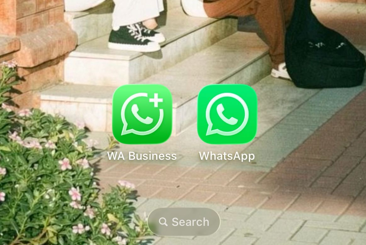 هاتف يعرض تطبيقي WhatsApp Messenger و WhatsApp Business جنبًا إلى جنب، مع غياب ميزة المجتمعات في أحد التطبيقين.