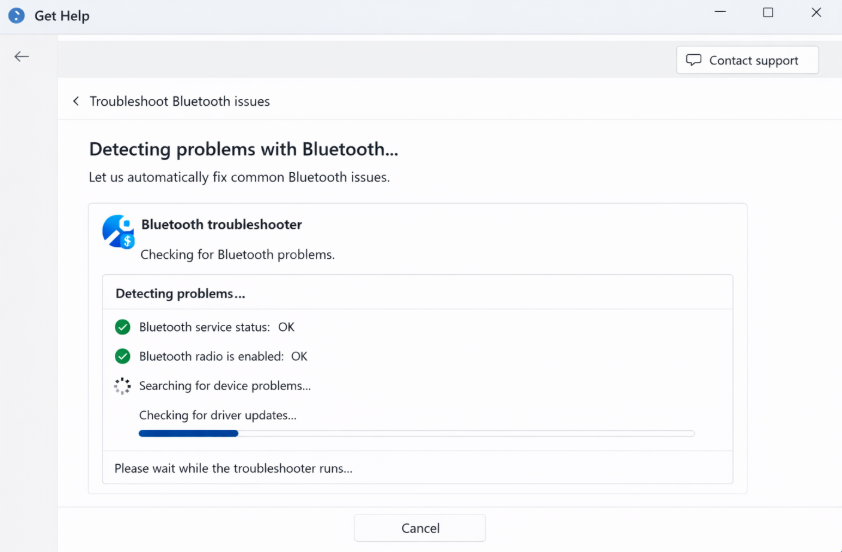 تطبيق Get Help في Windows 11 يقوم بتشغيل مستكشف أخطاء Bluetooth ومصلحها لمحول Bluetooth مفقود.