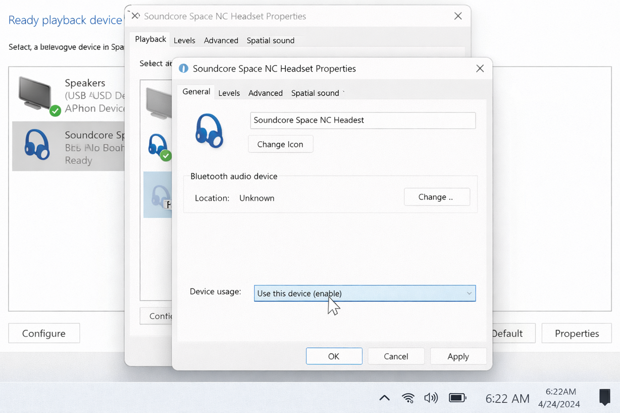 إعدادات الصوت الإضافية في Windows 11 وخصائص جهاز تشغيل البلوتوث تظهر "استخدام هذا الجهاز" ممكّنًا.
