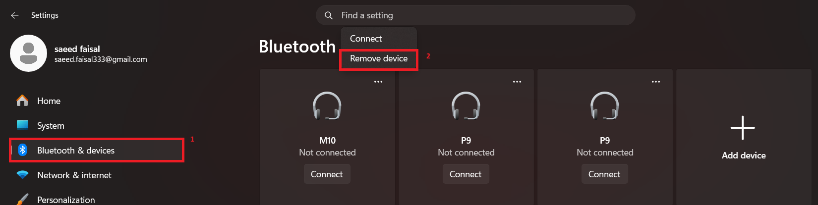 نظام Windows 11 يزيل سماعة رأس أو مكبر صوت Bluetooth ويعيد إقرانهما من إعدادات Bluetooth والأجهزة.