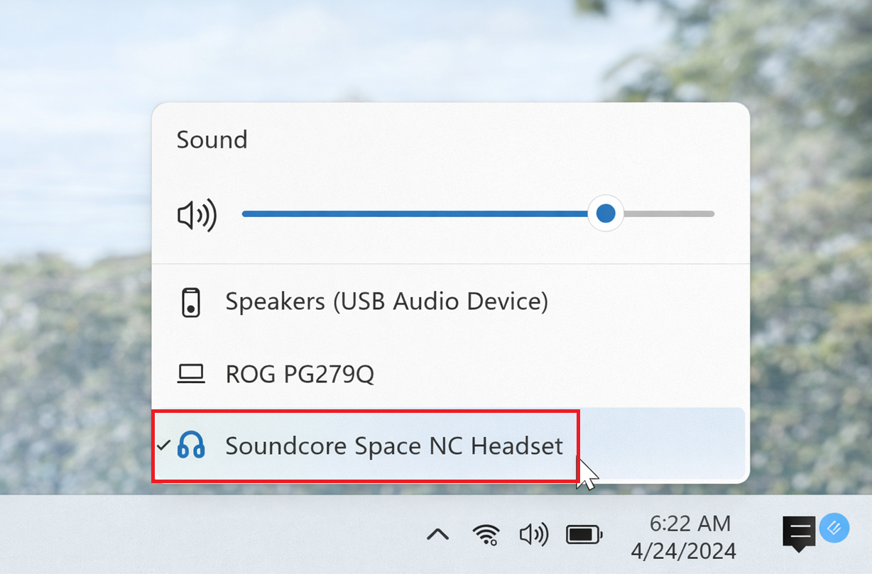 محدد إخراج الصوت السريع في Windows 11 يختار سماعة رأس أو مكبر صوت بلوتوث كجهاز إخراج نشط.