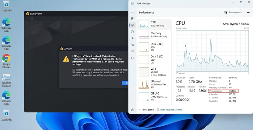 مربع حوار ميزات Windows لإيقاف تشغيل العناصر المتعلقة بـ Hyper-V التي قد تتداخل مع محاكاة LDPlayer الافتراضية.