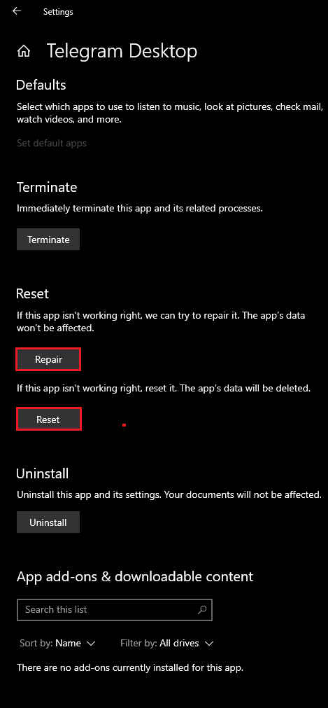 صفحة التطبيقات المثبتة في Windows تعرض خيارات Advanced options مع Repair أو Reset لتطبيق لا يفتح بشكل صحيح.