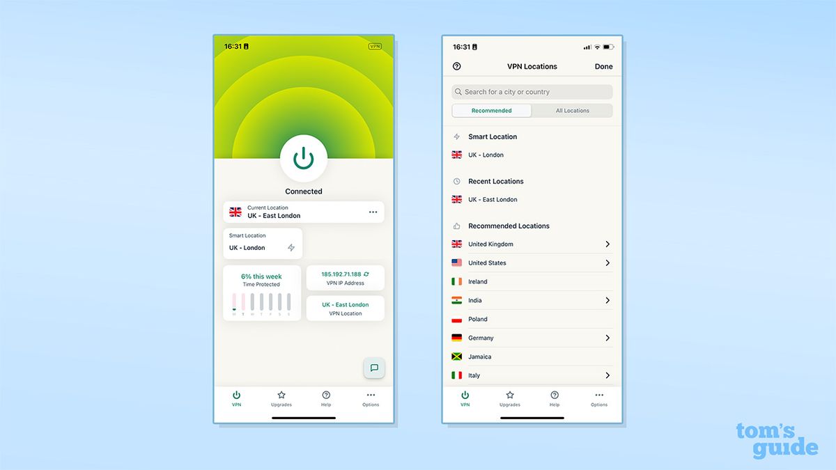 لقطتا شاشة تُظهران الصفحة الرئيسية لـ ExpressVPN وقائمة خوادمه على تطبيق iOS الخاص به.