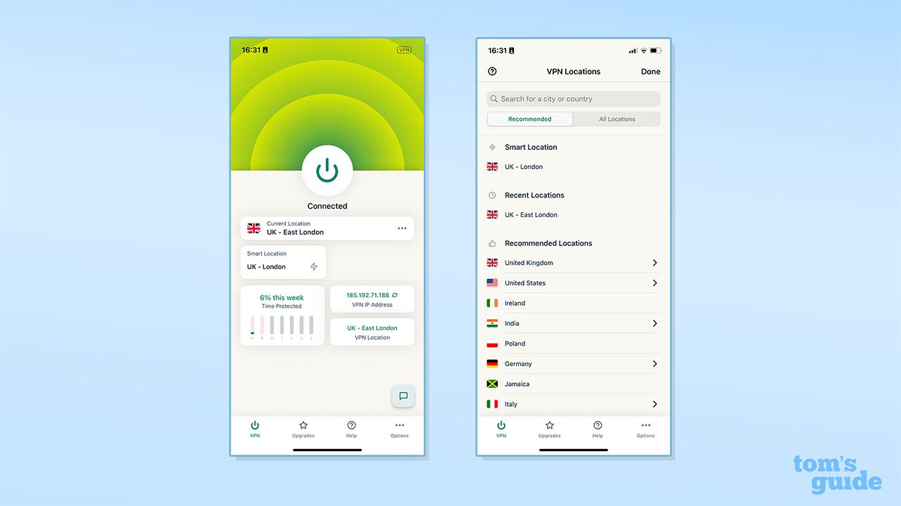 لقطتا شاشة تُظهران الصفحة الرئيسية لـ ExpressVPN وقائمة خوادمه على تطبيق iOS الخاص به.