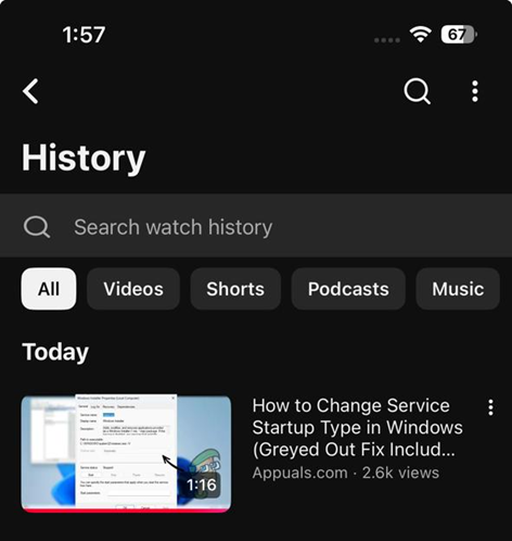 صفحة History في YouTube تعرض فيديو اختبار تمت مشاهدته حديثًا وتم تسجيله بنجاح.