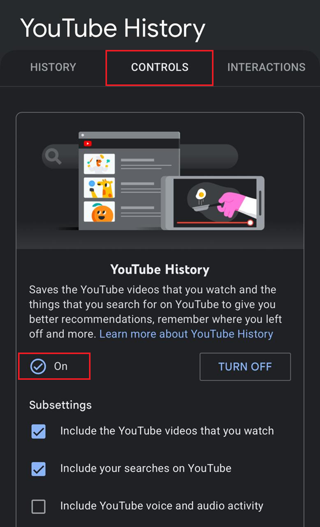 صفحة Manage all history في YouTube تعرض زر تبديل حفظ السجل وحالة الإيقاف المؤقت.