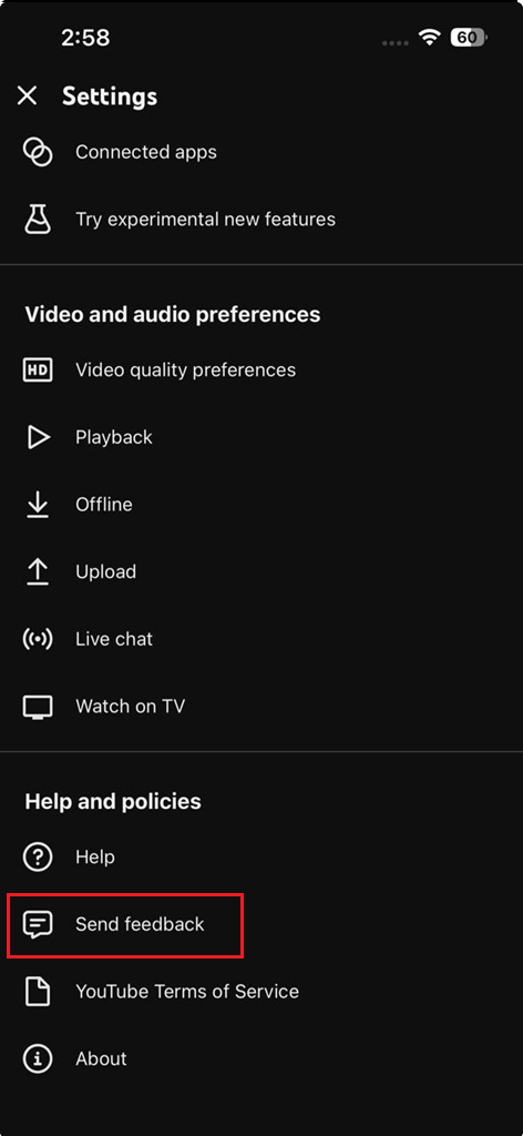 لوحة إرسال الملاحظات في YouTube مع تفاصيل خطأ سجل المشاهدة جاهزة للإرسال. العنوان: إرسال تقرير خطأ سجل المشاهدة إلى YouTube
