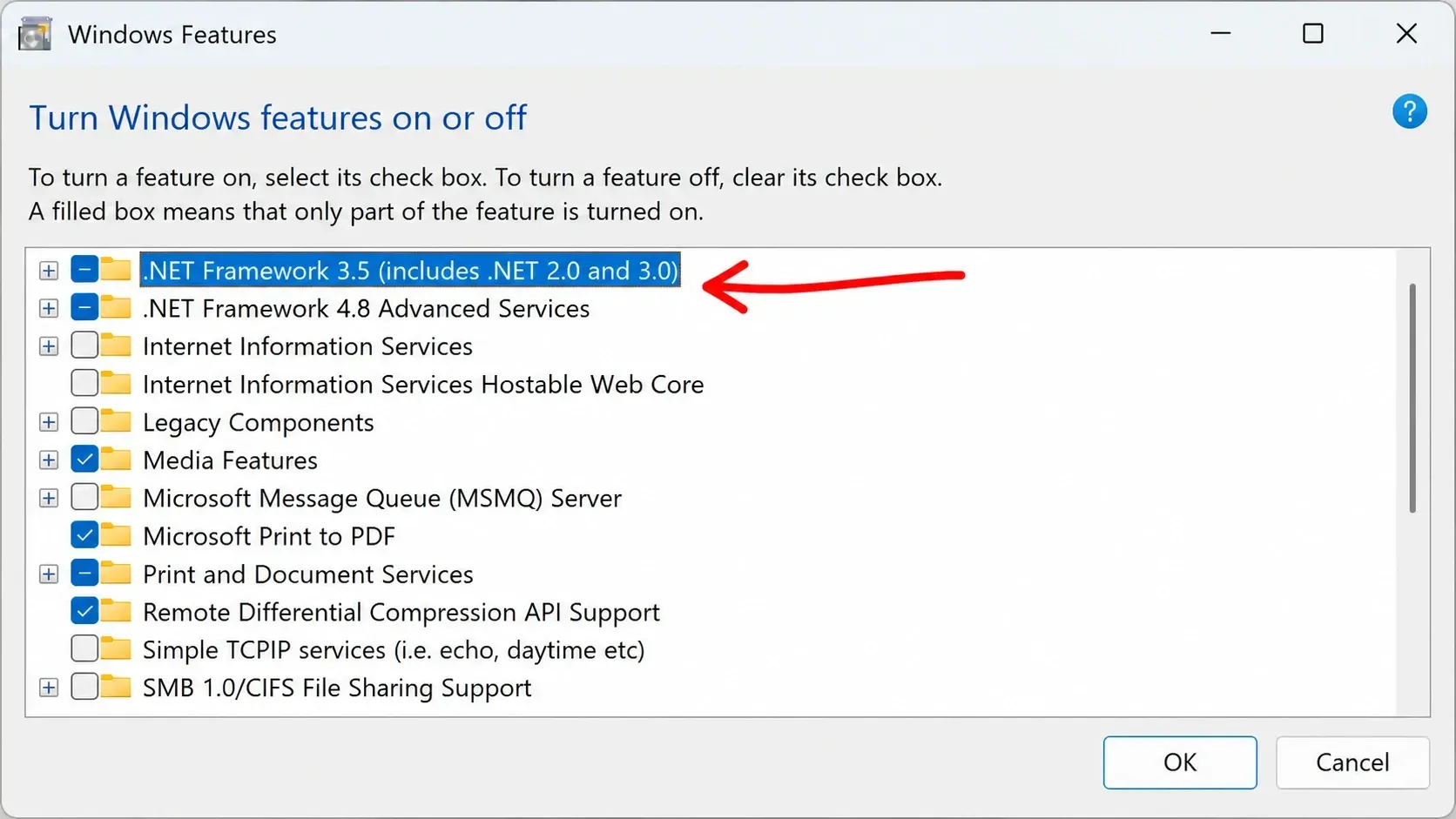 Wyłączanie i włączanie .NET Framework