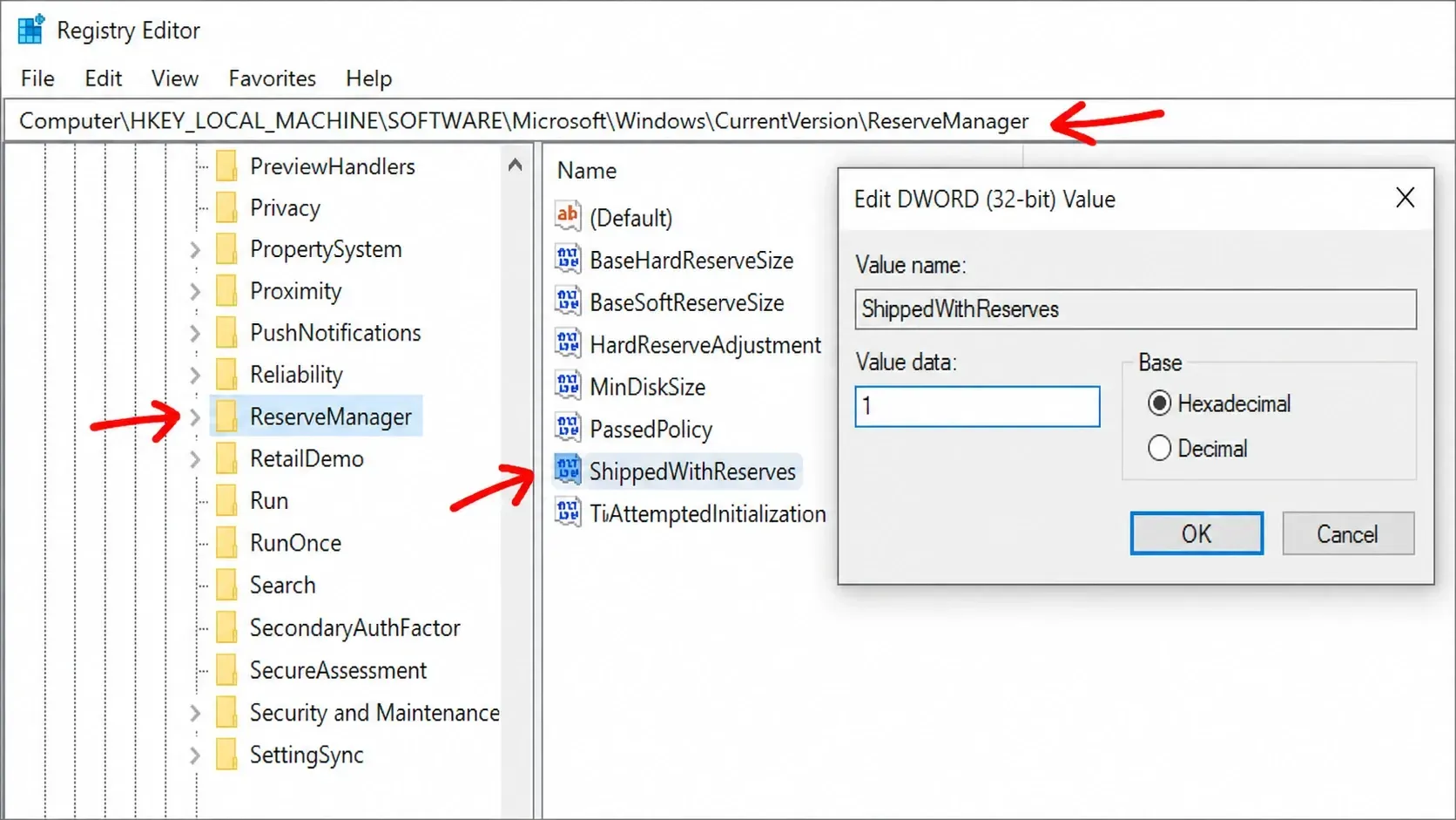 Ustawienia rejestru systemowego dla zarezerwowanego miejsca do magazynowania w systemie Windows 10