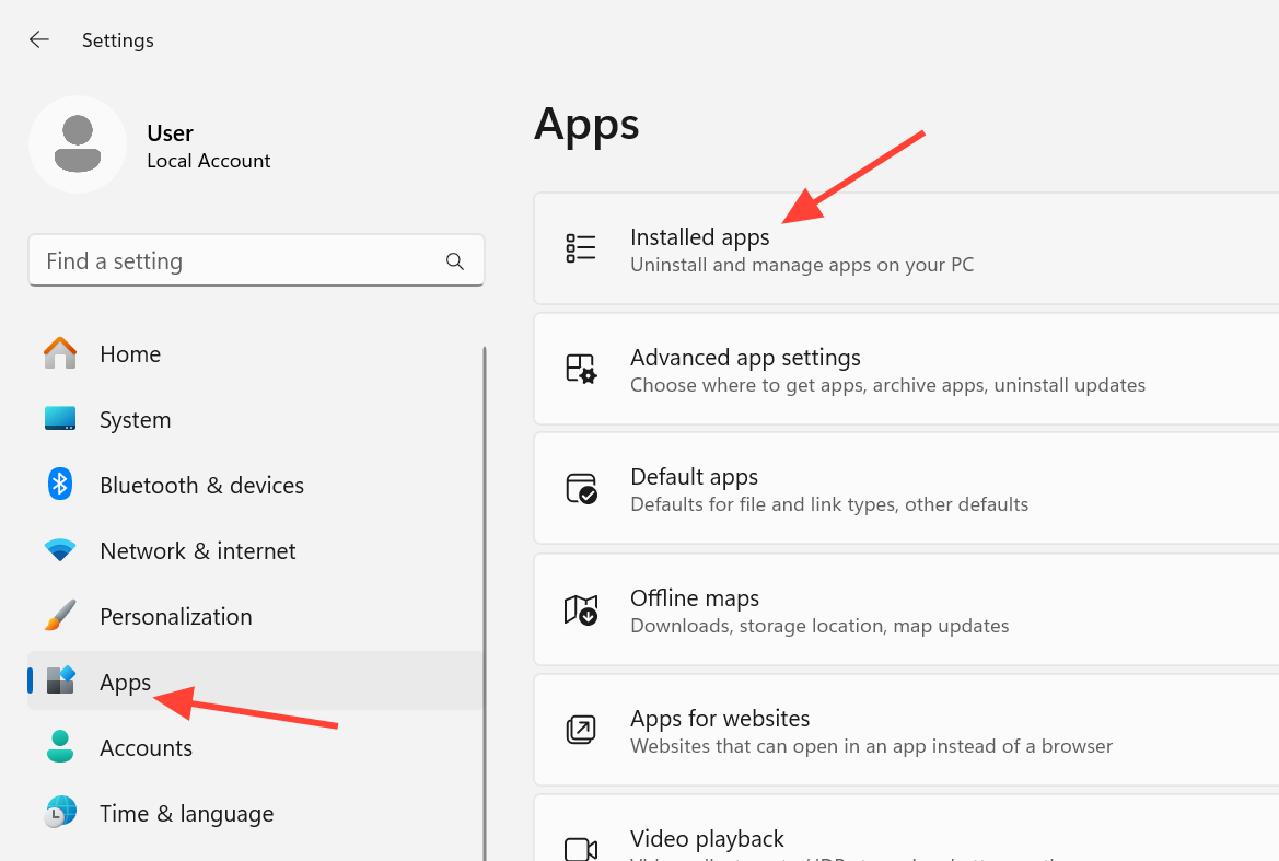 لقطة شاشة توضح قسم التطبيقات في إعدادات Windows 11