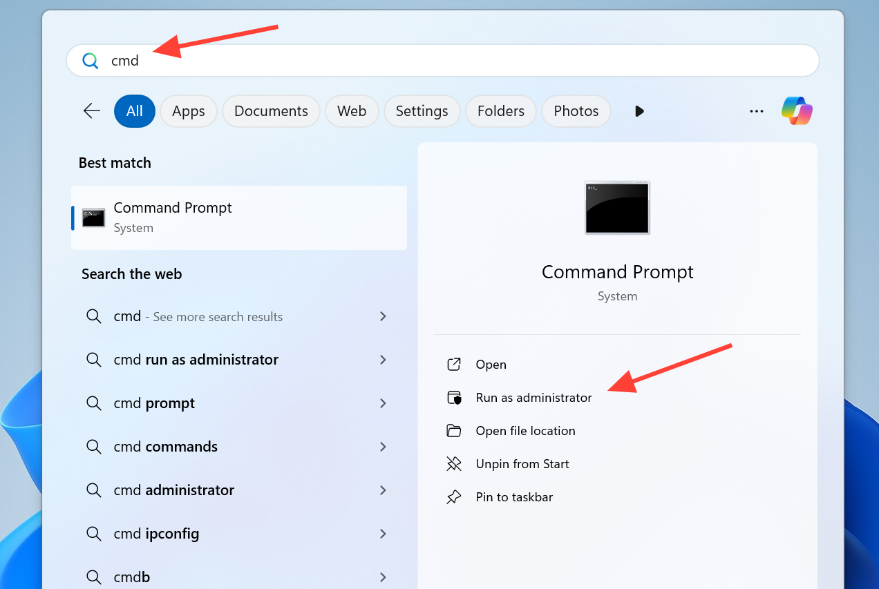 صورة توضح كيفية فتح Command Prompt كمسؤول في Windows 11