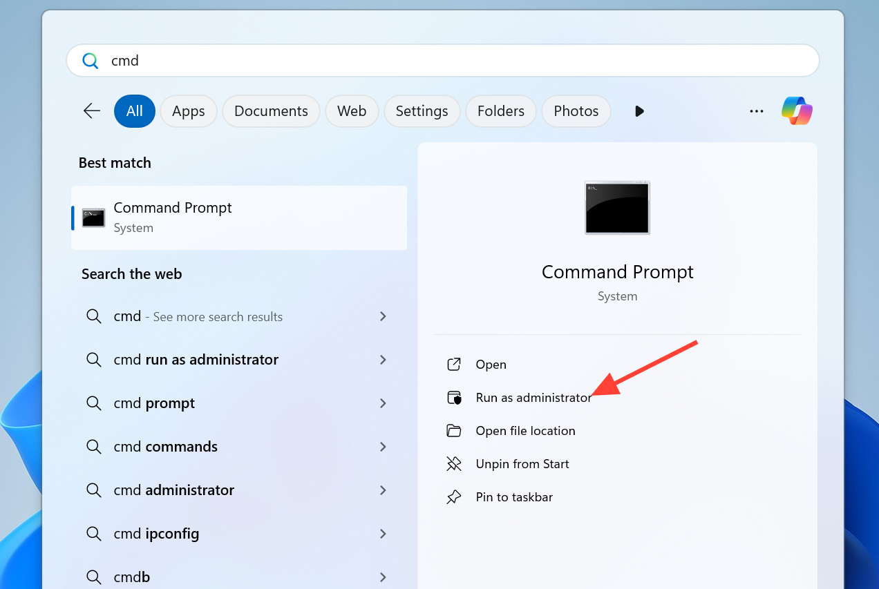 لقطة شاشة لموجه الأوامر (Command Prompt) في Windows 11
