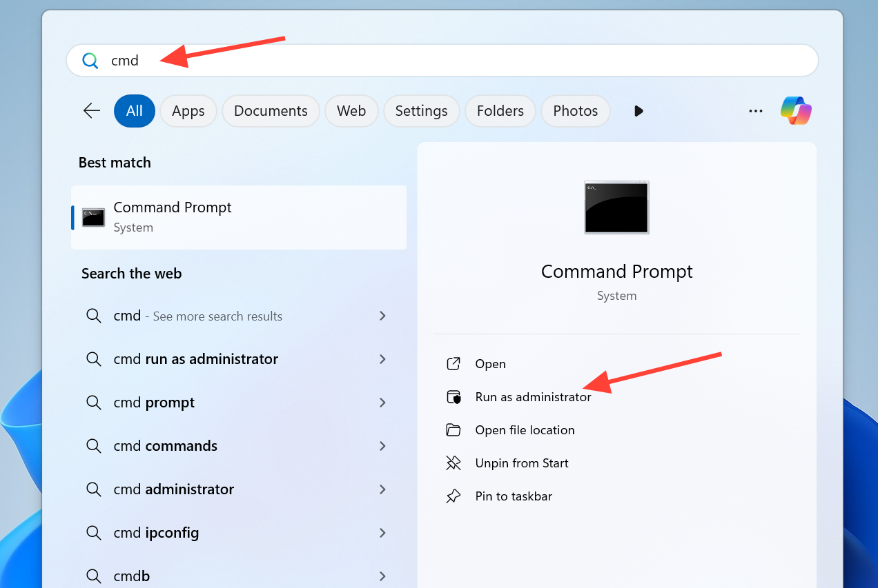 صورة توضح فتح موجه الأوامر كمسؤول في Windows 11