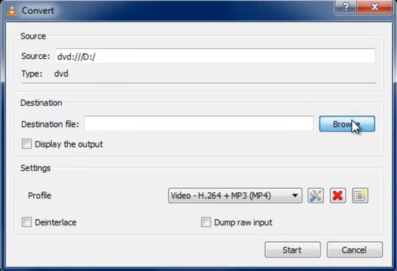 نافذة إخراج التحويل في VLC