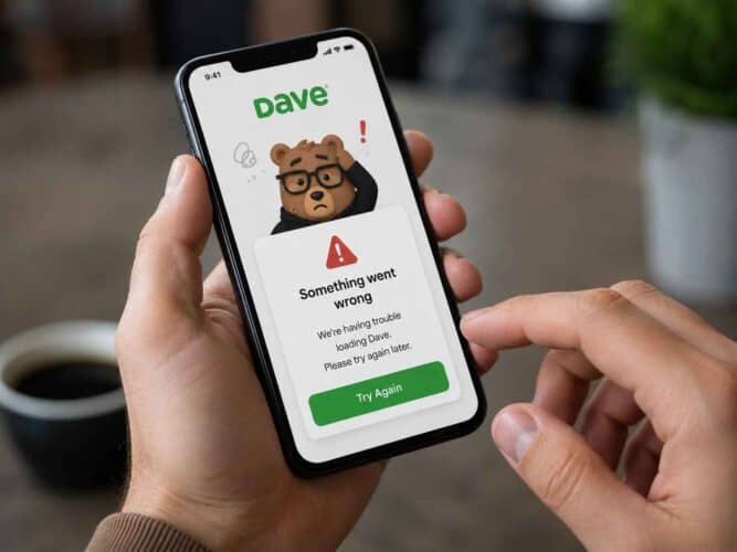 شخص ينظر إلى شاشة هاتف ذكي تعرض مشكلة في تطبيق Dave