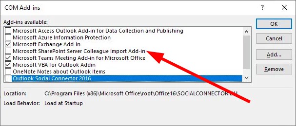 صورة توضح نافذة تعطيل الوظائف الإضافية في Outlook مع تحديد Add-in SharePoint