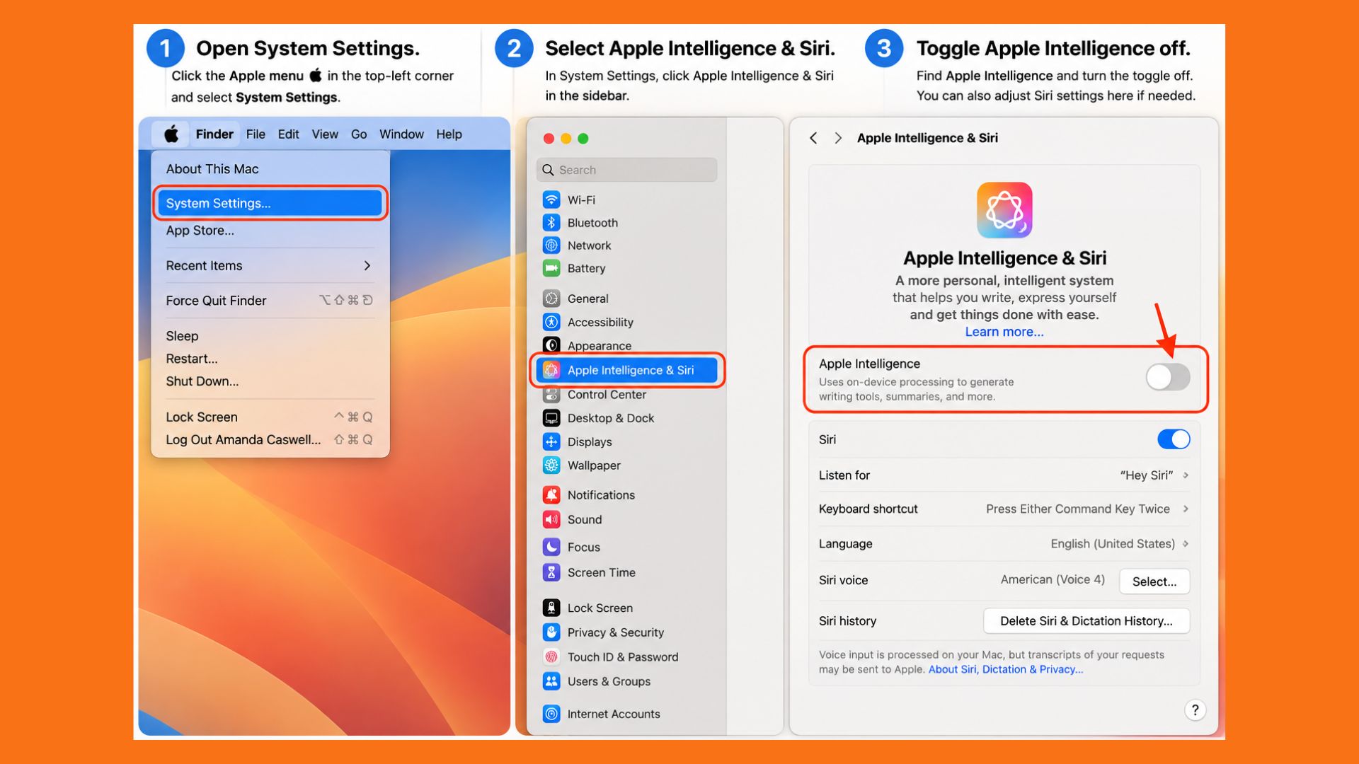 لقطة شاشة توضح خيار إيقاف تشغيل Apple Intelligence