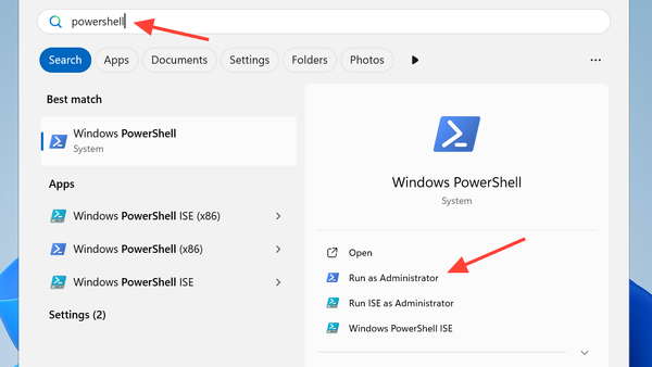 البحث عن PowerShell في قائمة ابدأ واختيار تشغيل كمسؤول