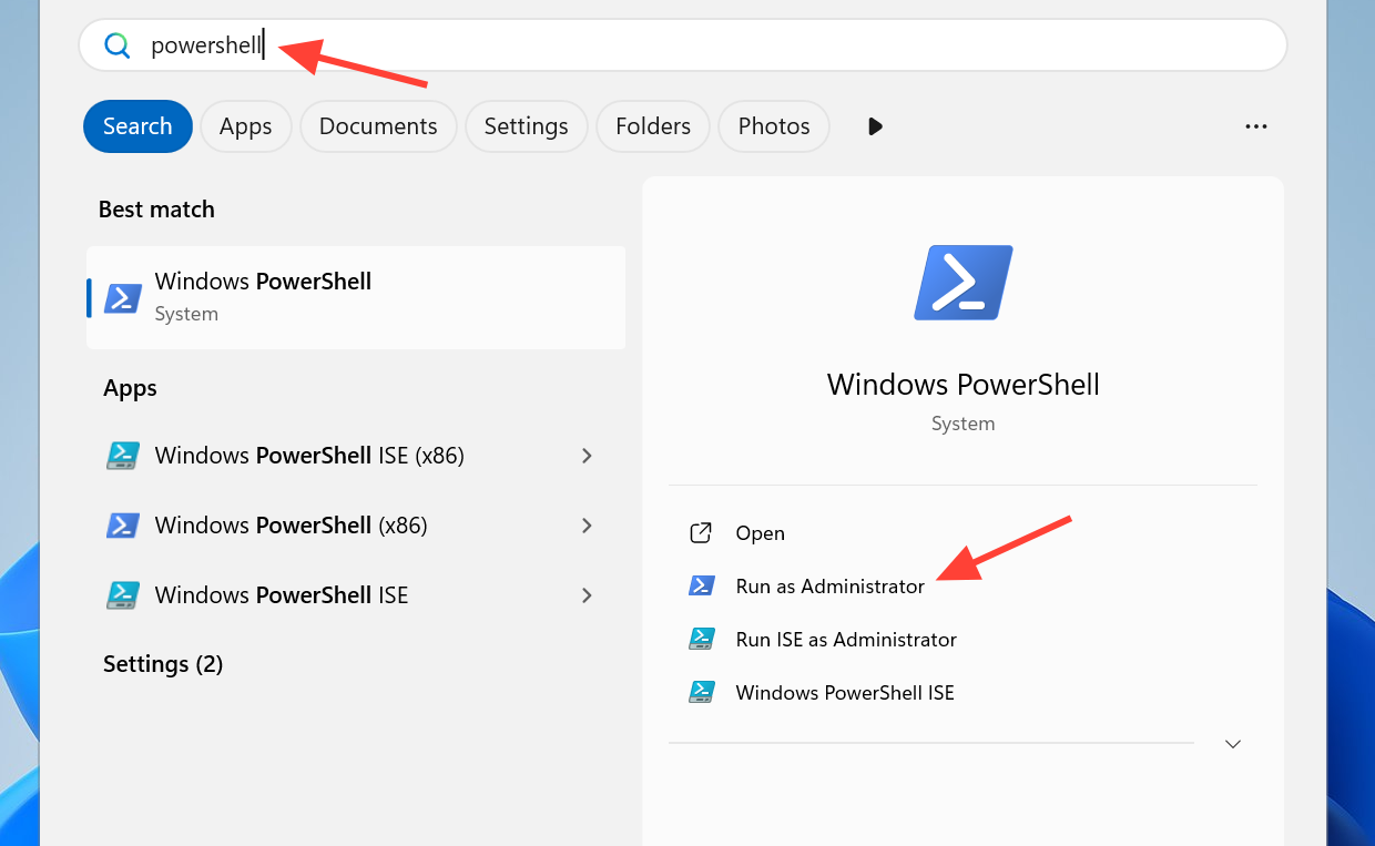 البحث عن Windows PowerShell وتشغيله كمسؤول
