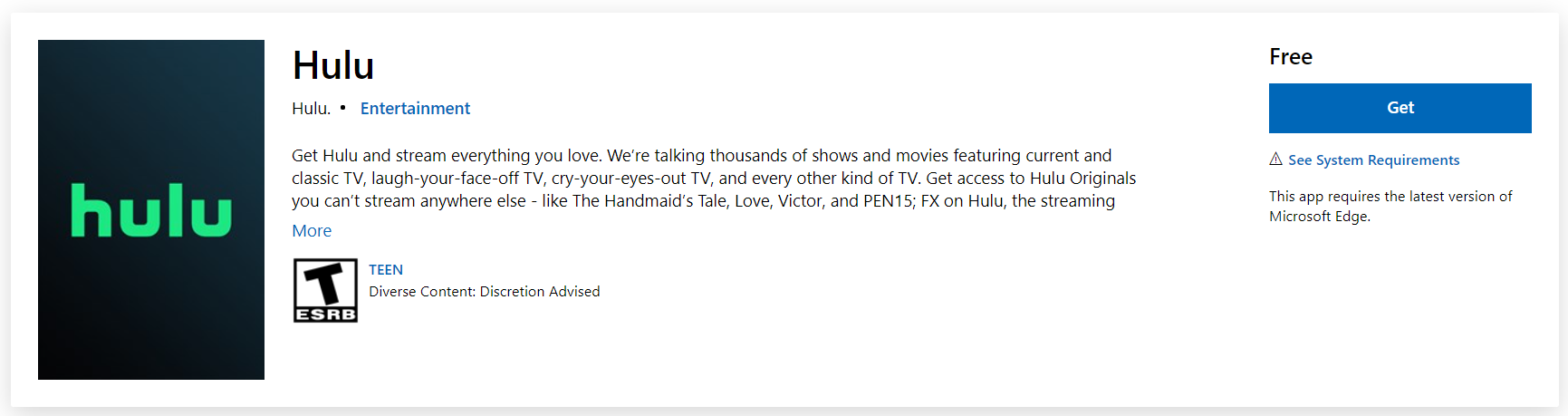 Screenshot van de Hulu-apppagina in de Microsoft Store.