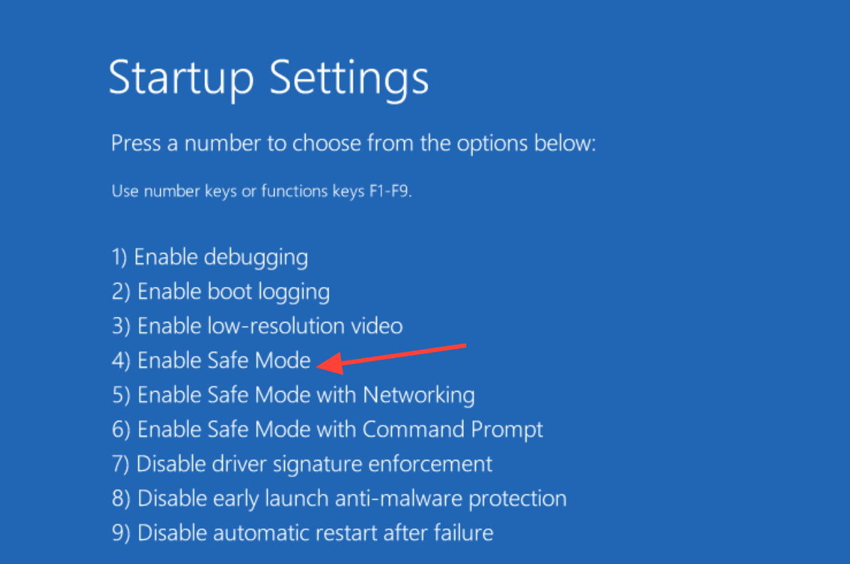 لقطة شاشة لصفحة Startup Settings في Windows 11 تظهر خيارات التمهيد المتقدمة، مع تحديد خيار Safe Mode.