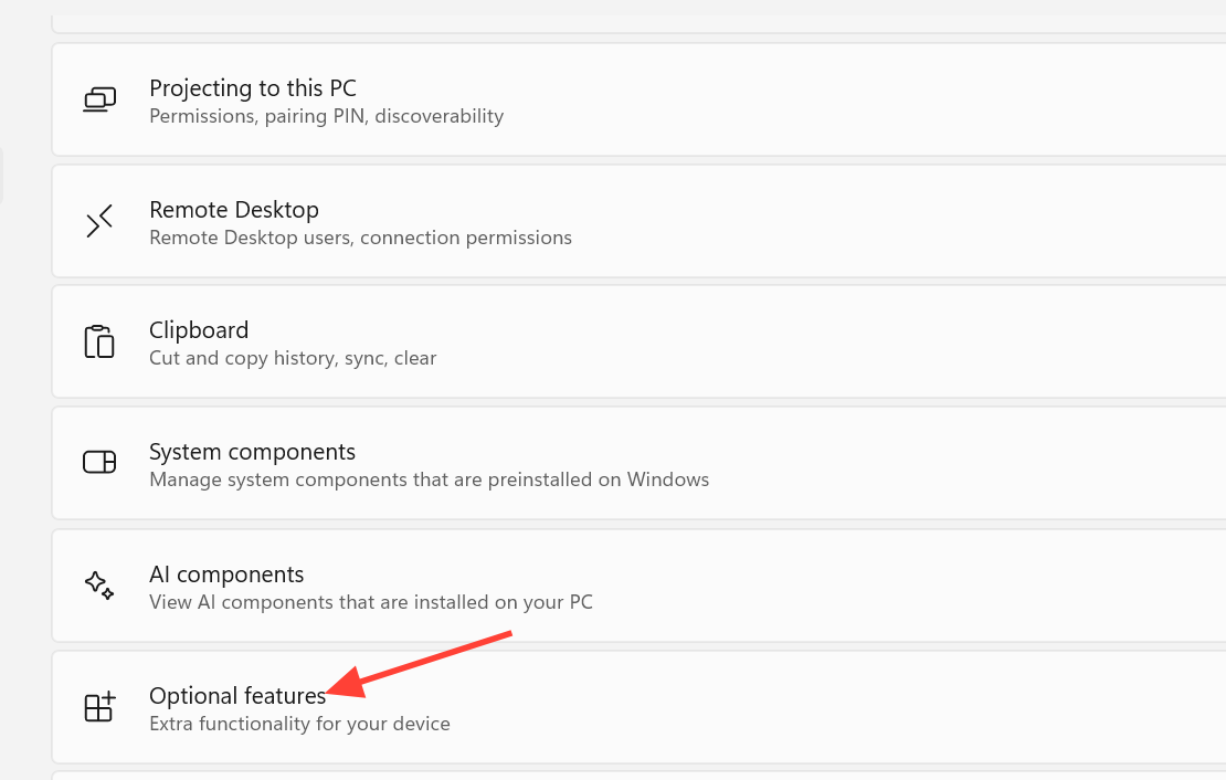 لقطة شاشة توضح خيار الميزات الاختيارية في إعدادات النظام على Windows 11.