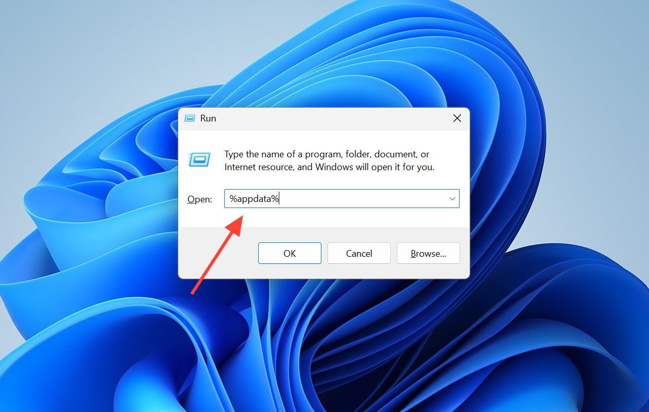 نافذة تشغيل Windows 11 مع كتابة %appdata% في مربع النص.