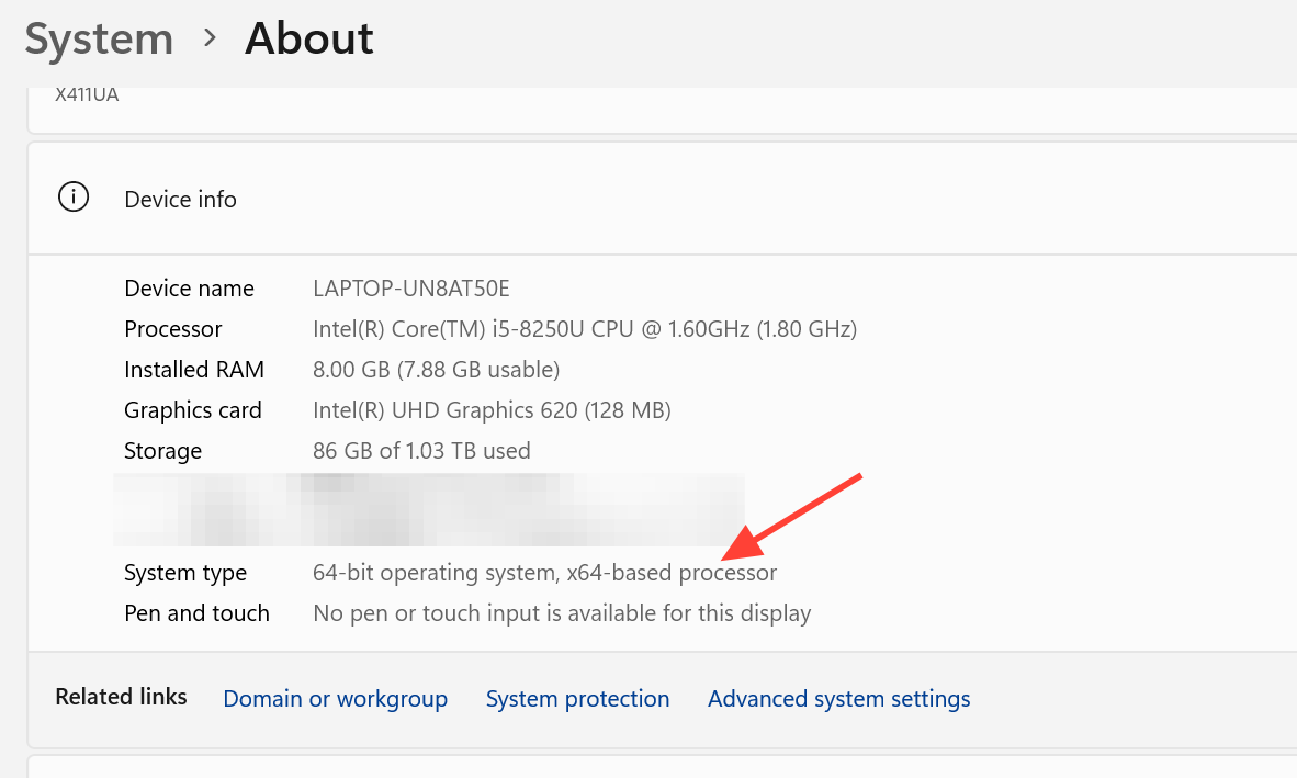 لقطة شاشة تعرض معلومات النظام في Windows 11 وتوضح نوع النظام (System type)